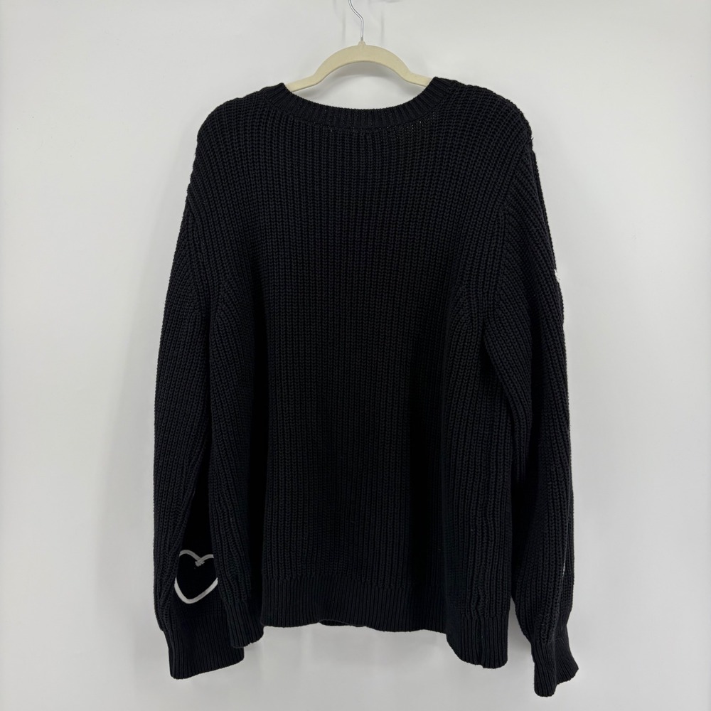 Crown & Ivy Womens 2X Black Sweater White Embroidered Heart Shaker Knit Pullover - Picture 2 of 6